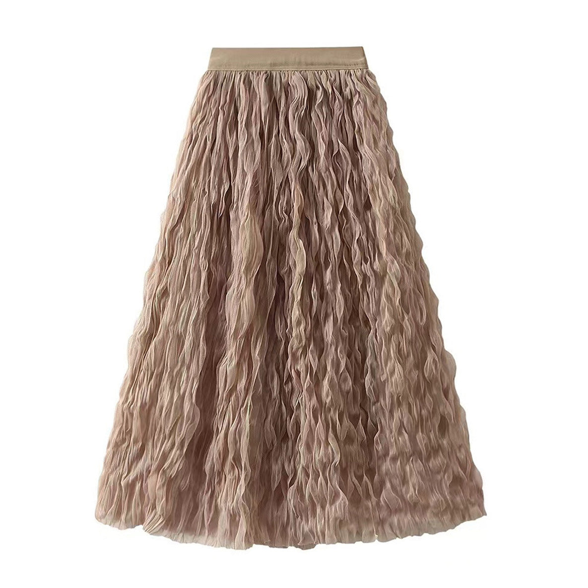 Summer Elegant Wavy Pleated Slimming Look Skirt for Women High Waist Slimming Look Mid-Length A-Line Large Hem Mesh Skirt White