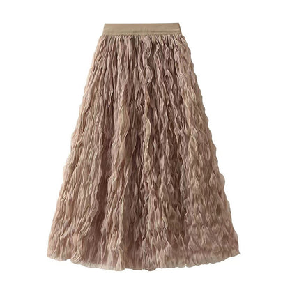 Summer Elegant Wavy Pleated Slimming Look Skirt for Women High Waist Slimming Look Mid-Length A-Line Large Hem Mesh Skirt White