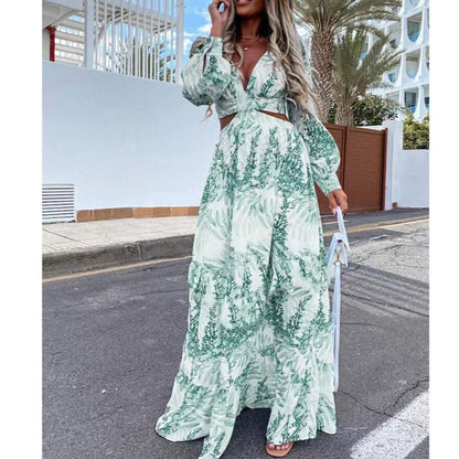 Cross-Border European and American Fashion Women's Clothing Spring and Summer New Long Dress Printed V-Neck Sexy Long-Sleeved Beach Dress