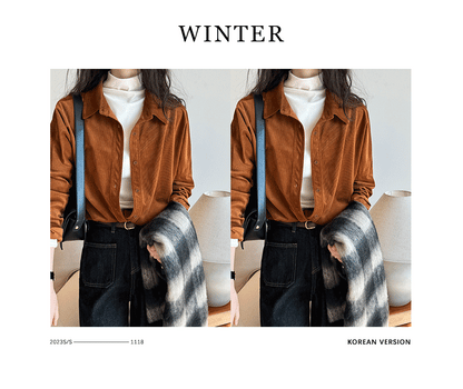 Lushi Japanese-Style Minimalist Thickened Brushed Corduroy Shirt for Women 2025 Autumn Inner Layering Base Shirt 3378