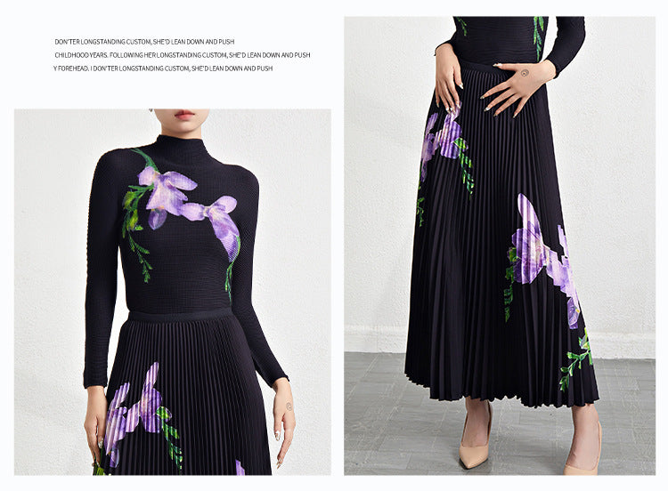 Retro Pleated Fashion Floral Suit Autumn and Winter New Miyake Elastic Top Waist Design Skirt Two-Piece Set