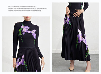 Retro Pleated Fashion Floral Suit Autumn and Winter New Miyake Elastic Top Waist Design Skirt Two-Piece Set