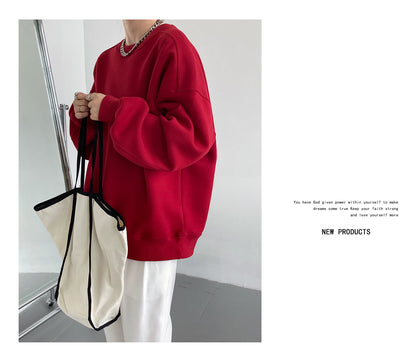 Luxi 2025 Autumn and Winter New Style Velvet Thickeneded Burgundy Sweatshirt for Women Korean Style Normcore Long-Sleeved Pullover Top 2628