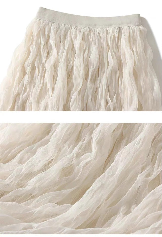 Summer Elegant Wavy Pleated Slimming Look Skirt for Women High Waist Slimming Look Mid-Length A-Line Large Hem Mesh Skirt White