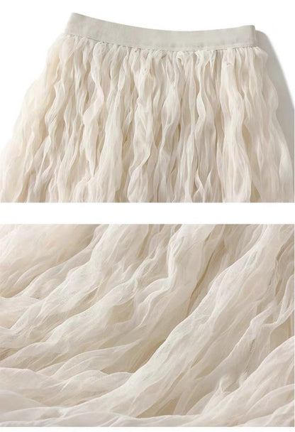 Summer Elegant Wavy Pleated Slimming Look Skirt for Women High Waist Slimming Look Mid-Length A-Line Large Hem Mesh Skirt White
