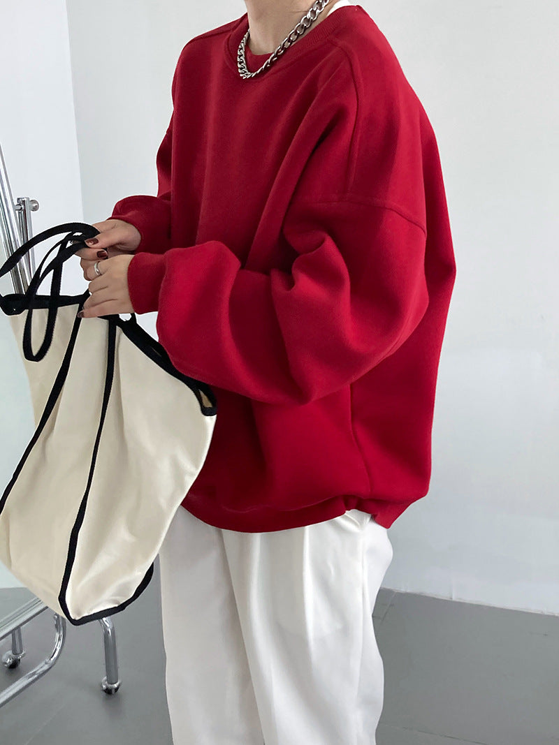 Luxi 2025 Autumn and Winter New Style Velvet Thickeneded Burgundy Sweatshirt for Women Korean Style Normcore Long-Sleeved Pullover Top 2628