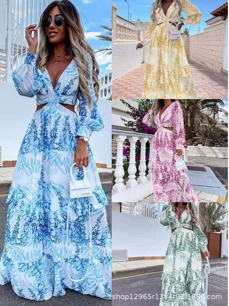 Cross-Border European and American Fashion Women's Clothing Spring and Summer New Long Dress Printed V-Neck Sexy Long-Sleeved Beach Dress