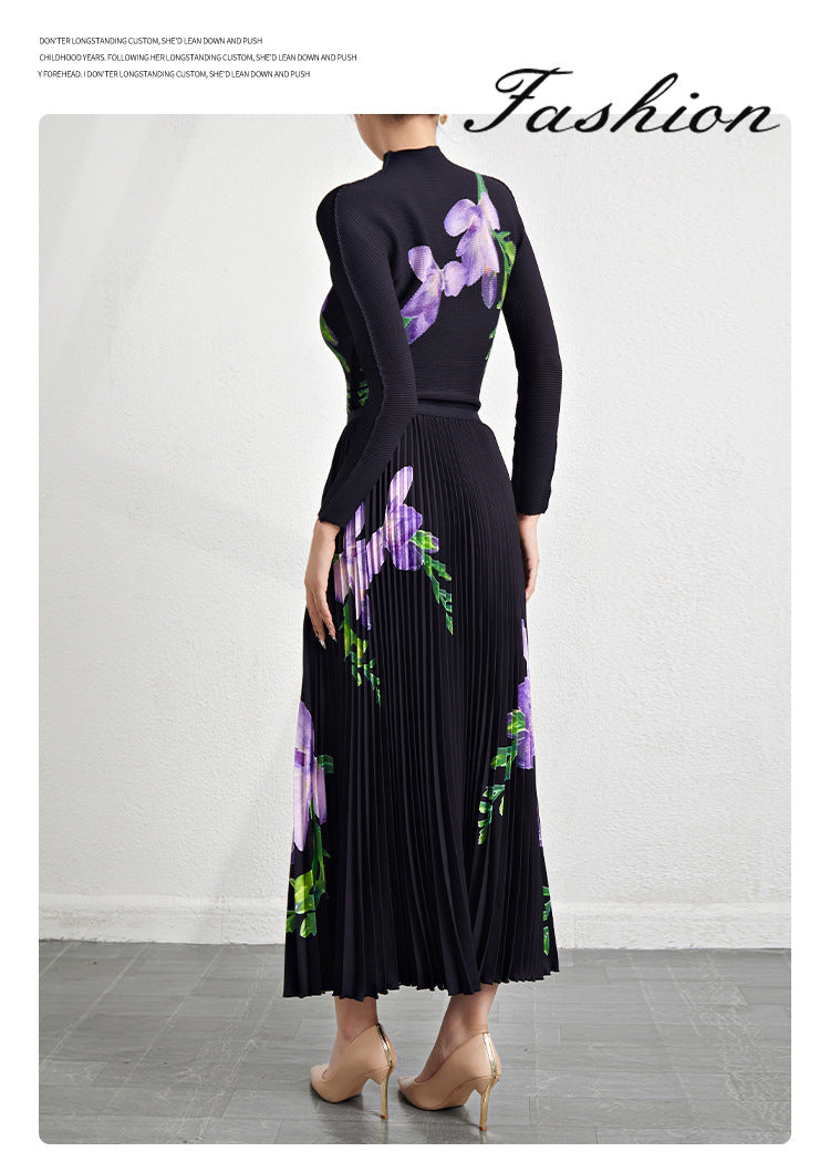 Retro Pleated Fashion Floral Suit Autumn and Winter New Miyake Elastic Top Waist Design Skirt Two-Piece Set