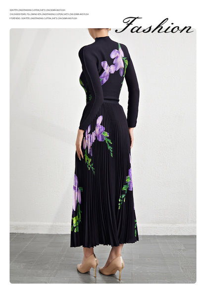 Retro Pleated Fashion Floral Suit Autumn and Winter New Miyake Elastic Top Waist Design Skirt Two-Piece Set
