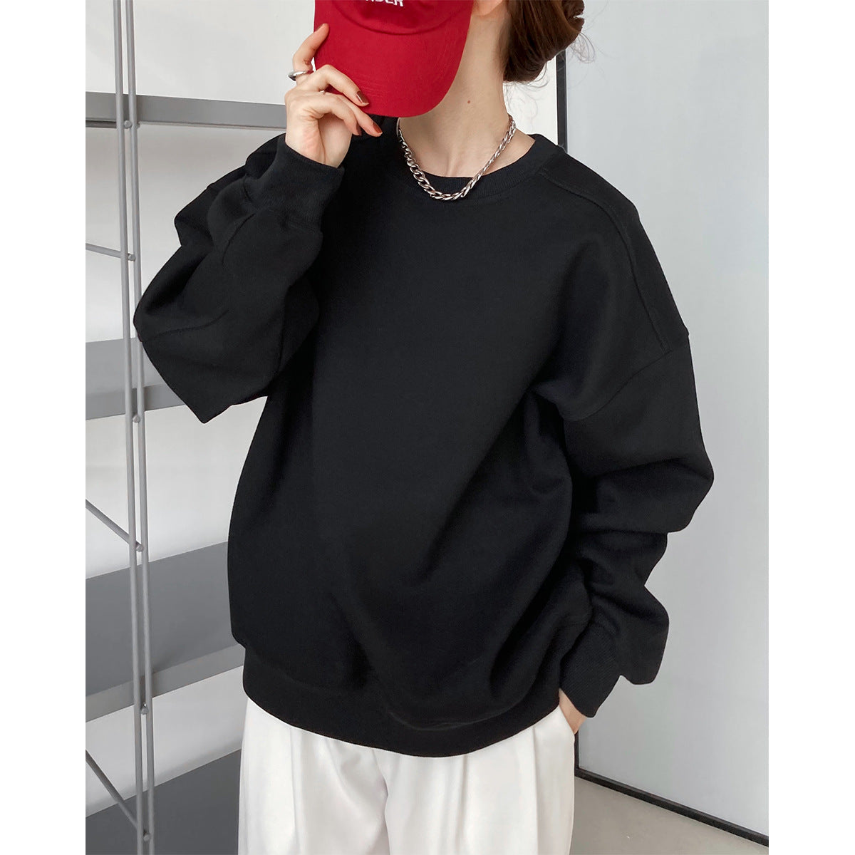 Luxi 2025 Autumn and Winter New Style Velvet Thickeneded Burgundy Sweatshirt for Women Korean Style Normcore Long-Sleeved Pullover Top 2628