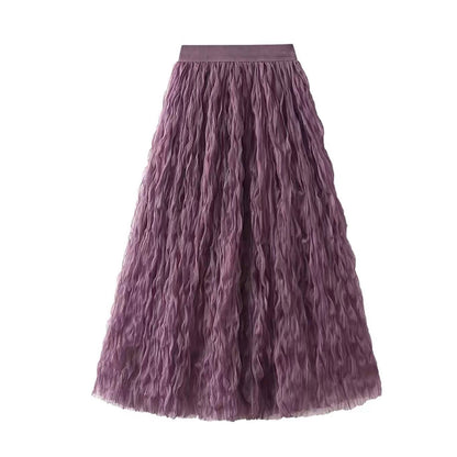 Summer Elegant Wavy Pleated Slimming Look Skirt for Women High Waist Slimming Look Mid-Length A-Line Large Hem Mesh Skirt White
