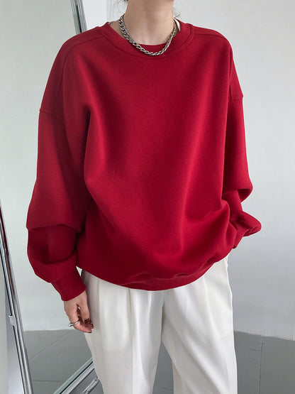 Luxi 2025 Autumn and Winter New Style Velvet Thickeneded Burgundy Sweatshirt for Women Korean Style Normcore Long-Sleeved Pullover Top 2628