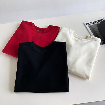 Luxi 2025 Autumn and Winter New Style Velvet Thickeneded Burgundy Sweatshirt for Women Korean Style Normcore Long-Sleeved Pullover Top 2628