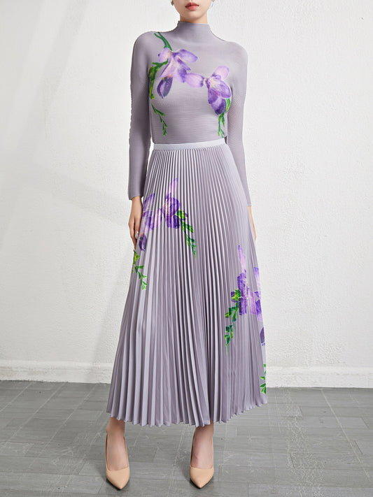 Retro Pleated Fashion Floral Suit Autumn and Winter New Miyake Elastic Top Waist Design Skirt Two-Piece Set