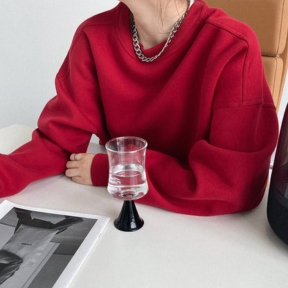 Luxi 2025 Autumn and Winter New Style Velvet Thickeneded Burgundy Sweatshirt for Women Korean Style Normcore Long-Sleeved Pullover Top 2628