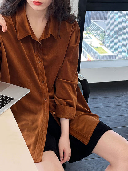 Lushi Japanese-Style Minimalist Thickened Brushed Corduroy Shirt for Women 2025 Autumn Inner Layering Base Shirt 3378