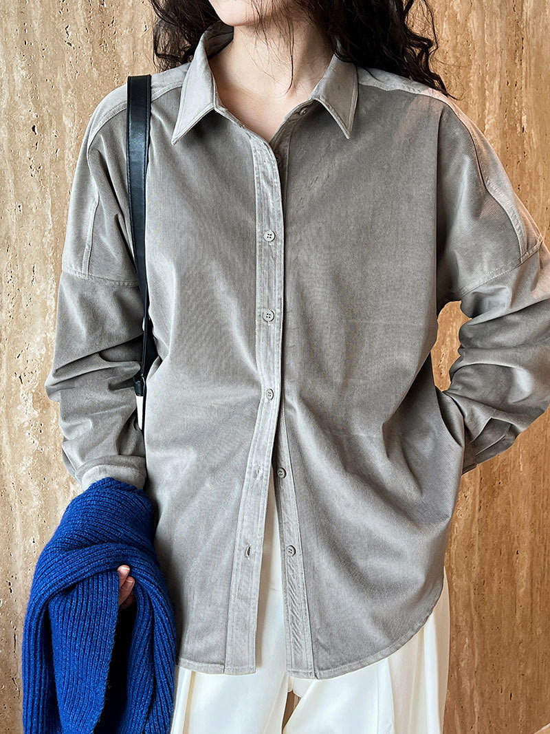 Lushi Japanese-Style Minimalist Thickened Brushed Corduroy Shirt for Women 2025 Autumn Inner Layering Base Shirt 3378