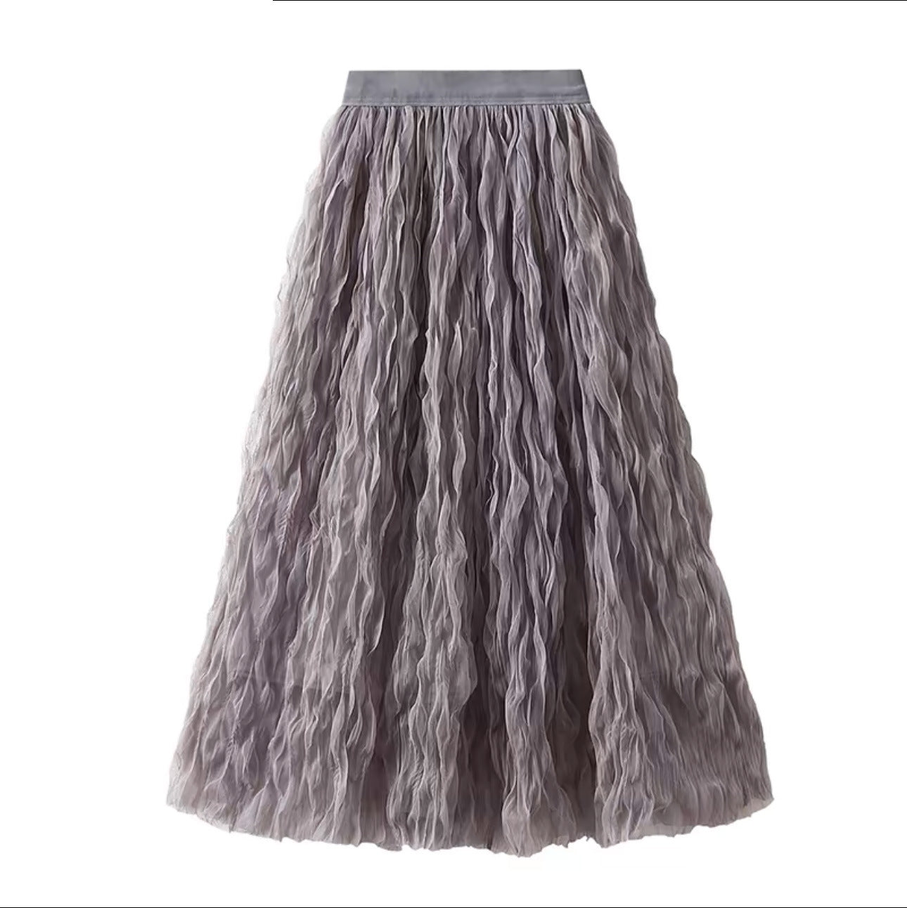 Summer Elegant Wavy Pleated Slimming Look Skirt for Women High Waist Slimming Look Mid-Length A-Line Large Hem Mesh Skirt White