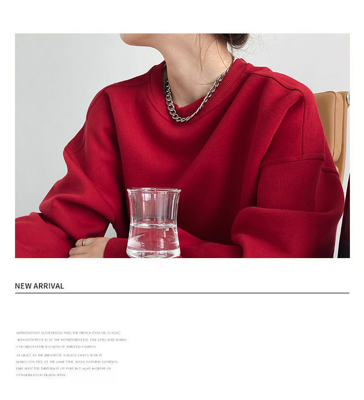 Luxi 2025 Autumn and Winter New Style Velvet Thickeneded Burgundy Sweatshirt for Women Korean Style Normcore Long-Sleeved Pullover Top 2628