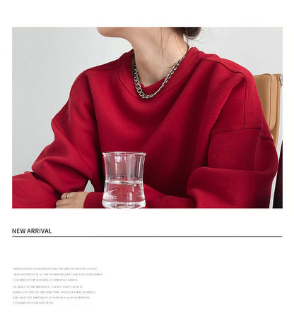 Luxi 2025 Autumn and Winter New Style Velvet Thickeneded Burgundy Sweatshirt for Women Korean Style Normcore Long-Sleeved Pullover Top 2628