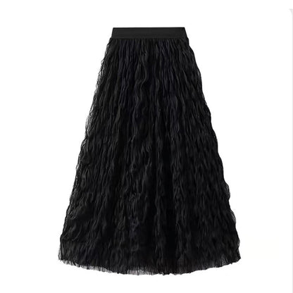 Summer Elegant Wavy Pleated Slimming Look Skirt for Women High Waist Slimming Look Mid-Length A-Line Large Hem Mesh Skirt White