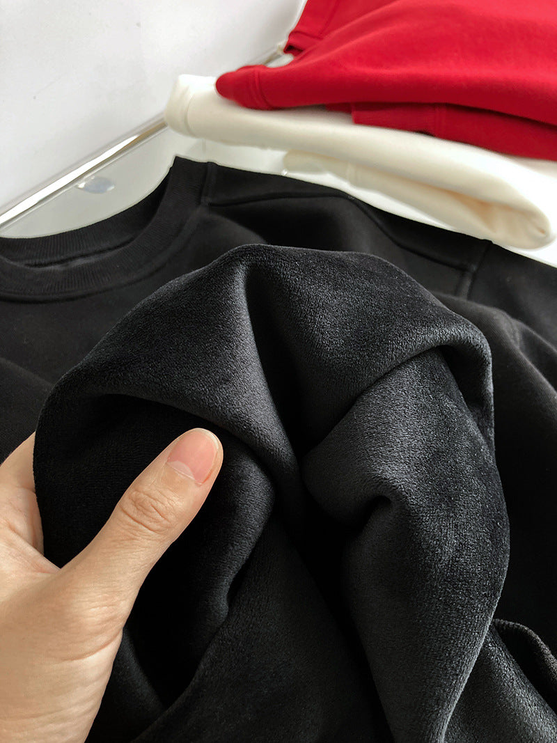 Luxi 2025 Autumn and Winter New Style Velvet Thickeneded Burgundy Sweatshirt for Women Korean Style Normcore Long-Sleeved Pullover Top 2628
