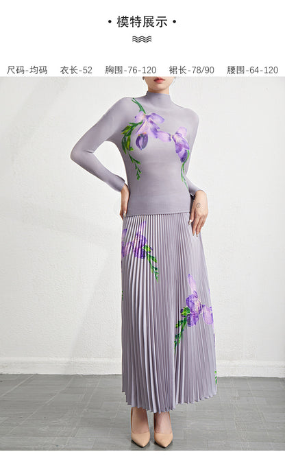 Retro Pleated Fashion Floral Suit Autumn and Winter New Miyake Elastic Top Waist Design Skirt Two-Piece Set