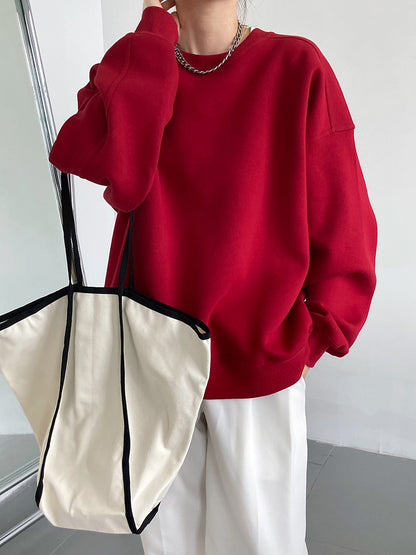 Luxi 2025 Autumn and Winter New Style Velvet Thickeneded Burgundy Sweatshirt for Women Korean Style Normcore Long-Sleeved Pullover Top 2628