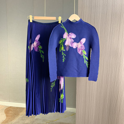 Retro Pleated Fashion Floral Suit Autumn and Winter New Miyake Elastic Top Waist Design Skirt Two-Piece Set