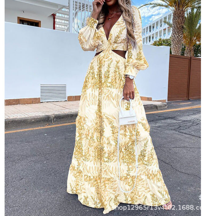 Cross-Border European and American Fashion Women's Clothing Spring and Summer New Long Dress Printed V-Neck Sexy Long-Sleeved Beach Dress