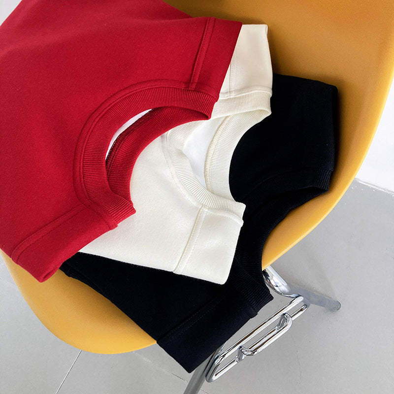 Luxi 2025 Autumn and Winter New Style Velvet Thickeneded Burgundy Sweatshirt for Women Korean Style Normcore Long-Sleeved Pullover Top 2628