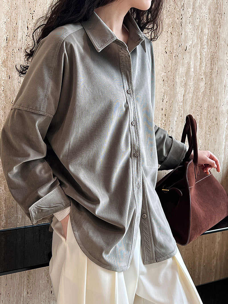 Lushi Japanese-Style Minimalist Thickened Brushed Corduroy Shirt for Women 2025 Autumn Inner Layering Base Shirt 3378