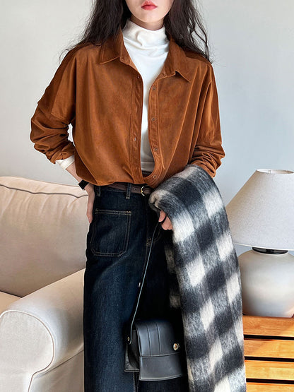 Lushi Japanese-Style Minimalist Thickened Brushed Corduroy Shirt for Women 2025 Autumn Inner Layering Base Shirt 3378