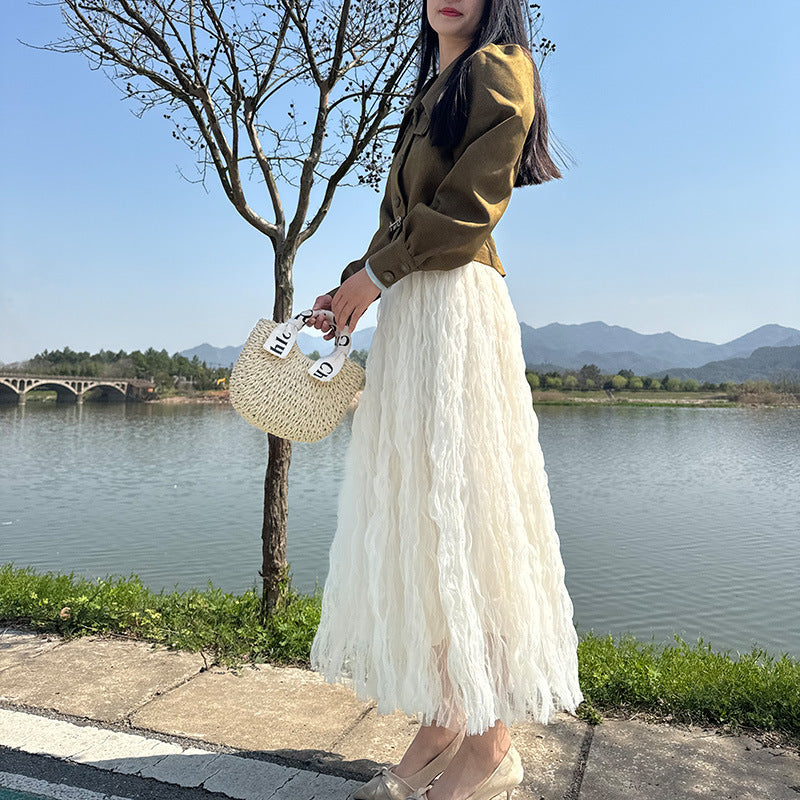 Summer Elegant Wavy Pleated Slimming Look Skirt for Women High Waist Slimming Look Mid-Length A-Line Large Hem Mesh Skirt White
