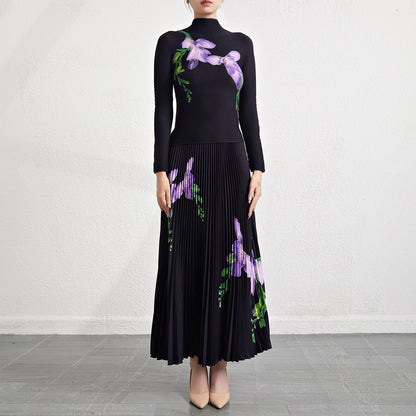Retro Pleated Fashion Floral Suit Autumn and Winter New Miyake Elastic Top Waist Design Skirt Two-Piece Set