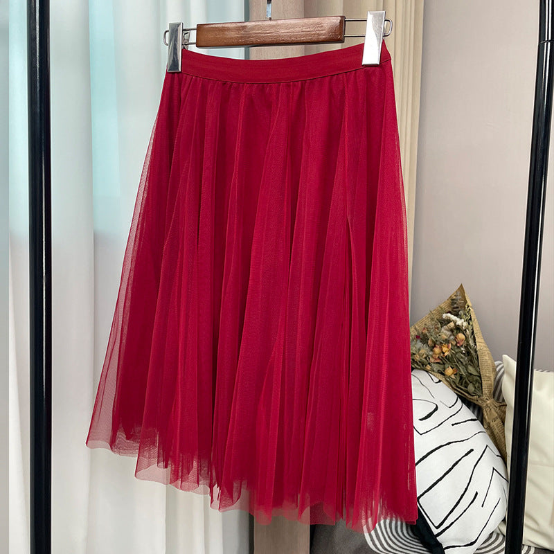 New Style Pleated Skirt, Slimming A-Line Skirt, Women's Spring and Summer Mesh High-Waisted Slim-Fit Elegant Versatile Skirt
