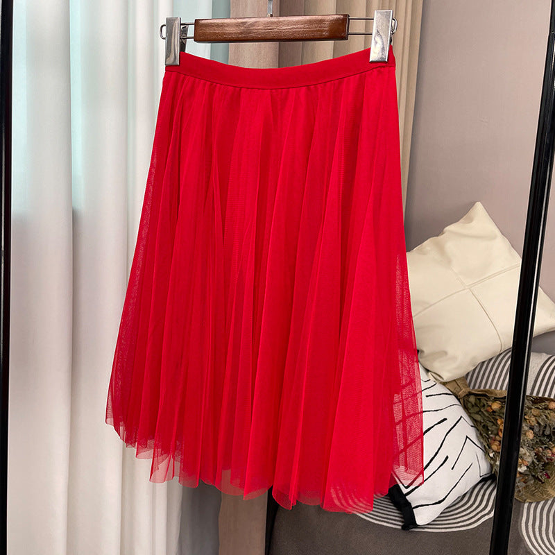 New Style Pleated Skirt, Slimming A-Line Skirt, Women's Spring and Summer Mesh High-Waisted Slim-Fit Elegant Versatile Skirt