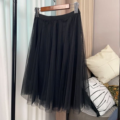 New Style Pleated Skirt, Slimming A-Line Skirt, Women's Spring and Summer Mesh High-Waisted Slim-Fit Elegant Versatile Skirt