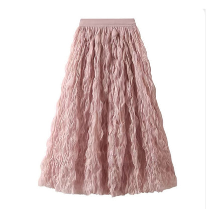 Summer Elegant Wavy Pleated Slimming Look Skirt for Women High Waist Slimming Look Mid-Length A-Line Large Hem Mesh Skirt White