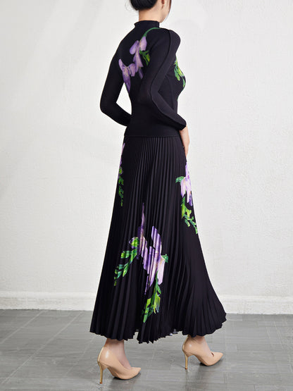 Retro Pleated Fashion Floral Suit Autumn and Winter New Miyake Elastic Top Waist Design Skirt Two-Piece Set