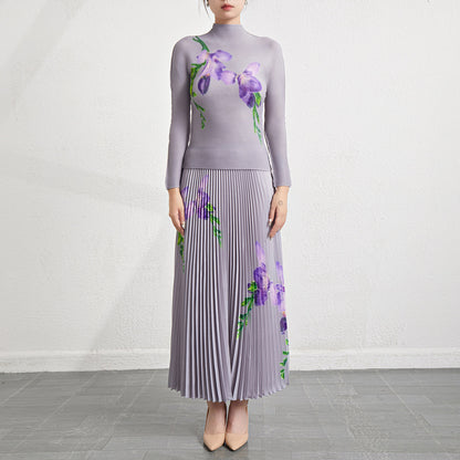 Retro Pleated Fashion Floral Suit Autumn and Winter New Miyake Elastic Top Waist Design Skirt Two-Piece Set