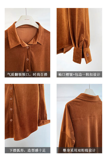 Lushi Japanese-Style Minimalist Thickened Brushed Corduroy Shirt for Women 2025 Autumn Inner Layering Base Shirt 3378
