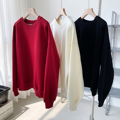 Luxi 2025 Autumn and Winter New Style Velvet Thickeneded Burgundy Sweatshirt for Women Korean Style Normcore Long-Sleeved Pullover Top 2628
