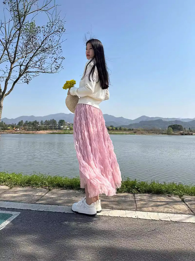 Summer Elegant Wavy Pleated Slimming Look Skirt for Women High Waist Slimming Look Mid-Length A-Line Large Hem Mesh Skirt White