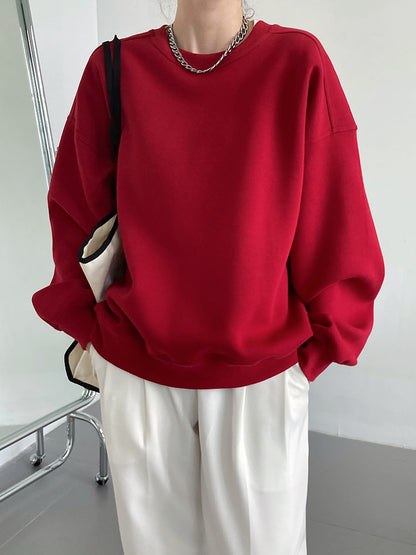 Luxi 2025 Autumn and Winter New Style Velvet Thickeneded Burgundy Sweatshirt for Women Korean Style Normcore Long-Sleeved Pullover Top 2628