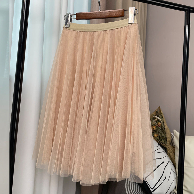 New Style Pleated Skirt, Slimming A-Line Skirt, Women's Spring and Summer Mesh High-Waisted Slim-Fit Elegant Versatile Skirt