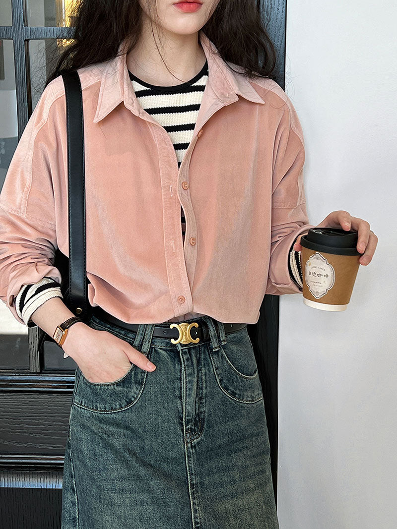 Lushi Japanese-Style Minimalist Thickened Brushed Corduroy Shirt for Women 2025 Autumn Inner Layering Base Shirt 3378