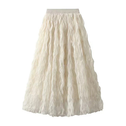 Summer Elegant Wavy Pleated Slimming Look Skirt for Women High Waist Slimming Look Mid-Length A-Line Large Hem Mesh Skirt White