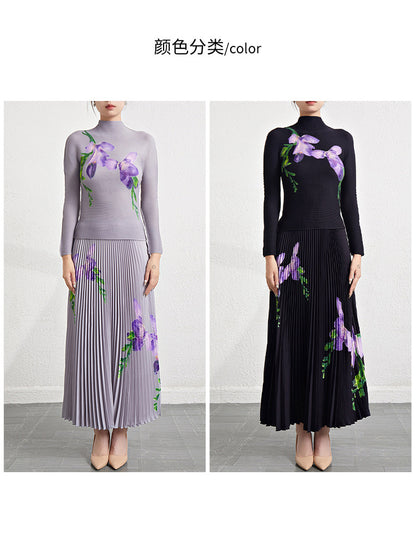 Retro Pleated Fashion Floral Suit Autumn and Winter New Miyake Elastic Top Waist Design Skirt Two-Piece Set