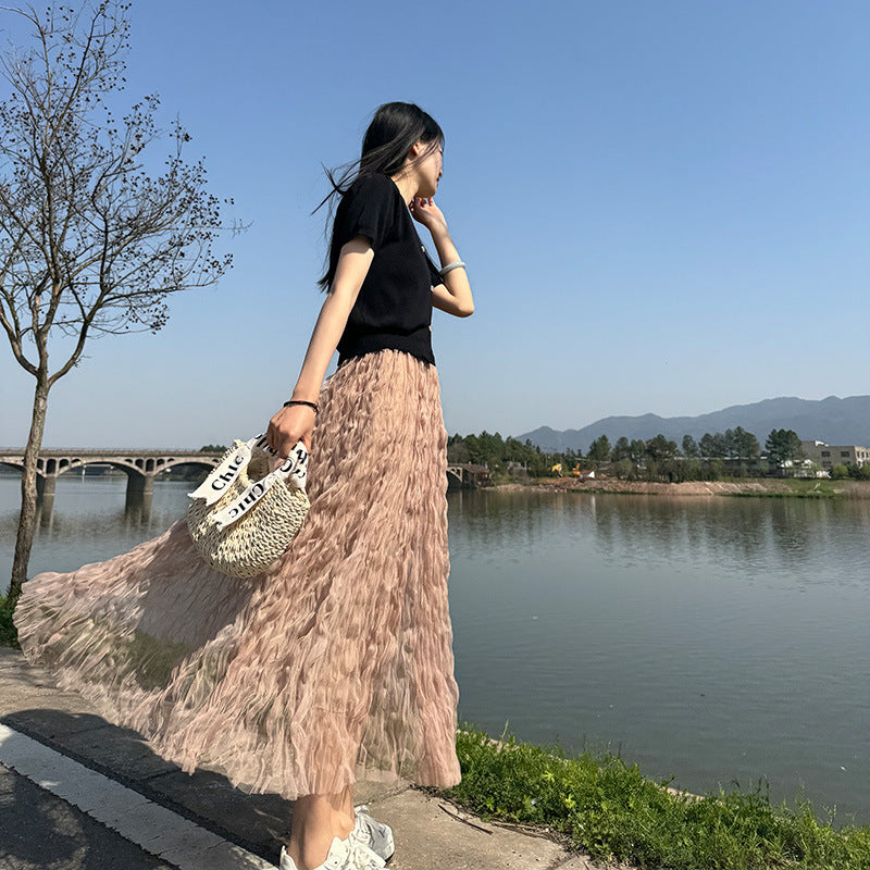 Summer Elegant Wavy Pleated Slimming Look Skirt for Women High Waist Slimming Look Mid-Length A-Line Large Hem Mesh Skirt White
